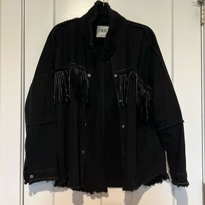 Zara black denim fringe jacket